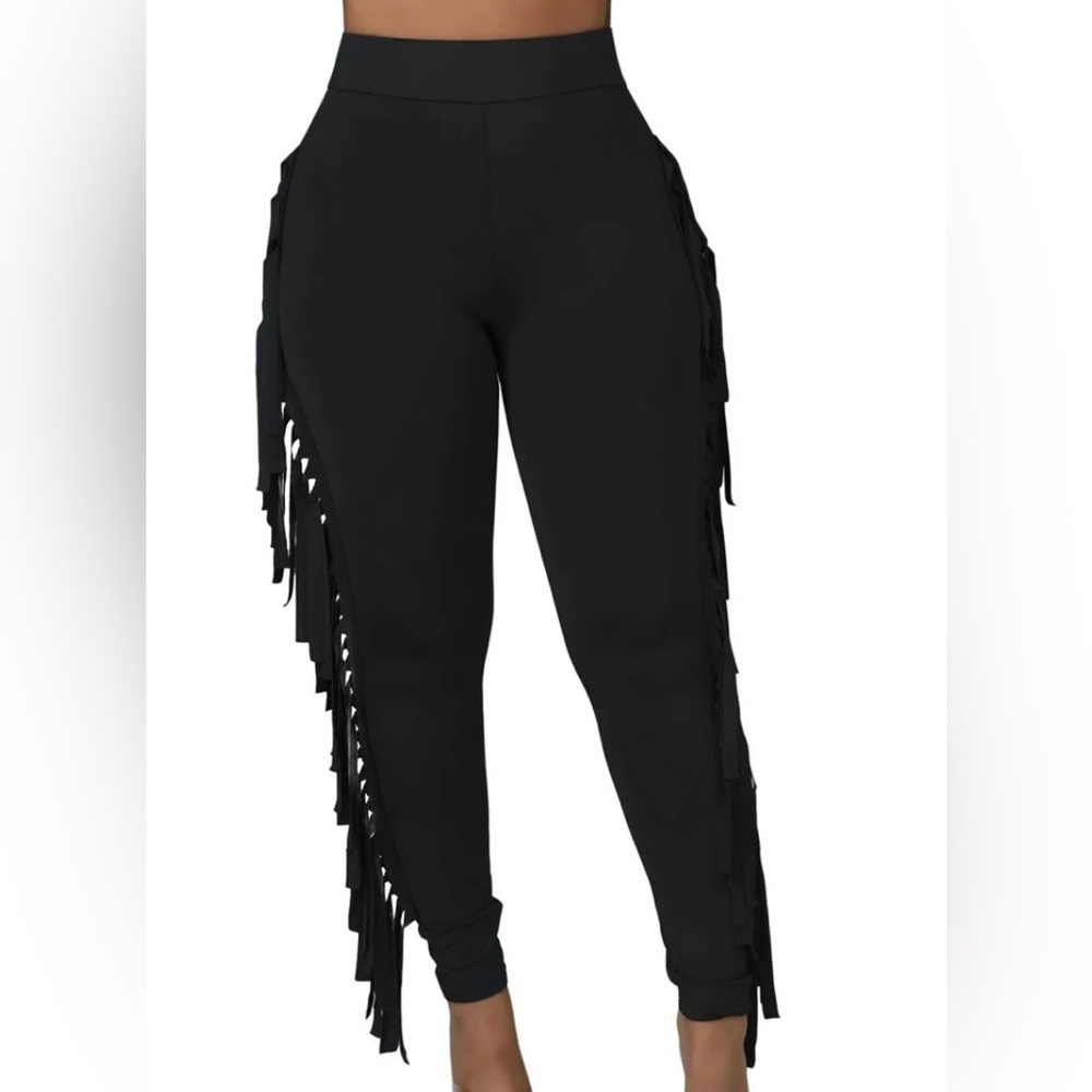 Black Fringe Tassel Lined Jogger Leggings Women’s Pants - NEW